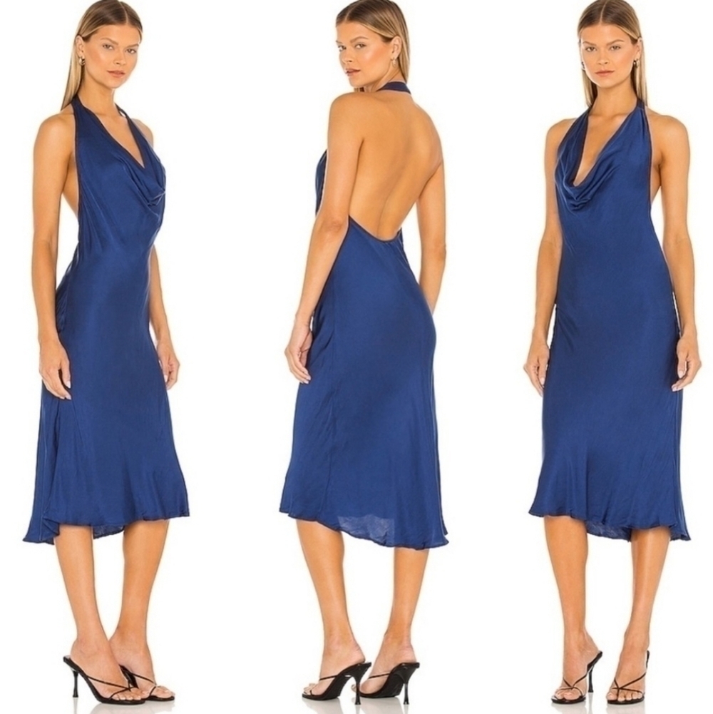 New Young Fabulous & Broke Rebel Satin Halter Slip Midi Dress In Jewel Blue NWT